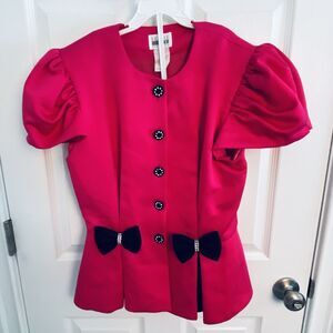 y2k Leslie Fay Evenings Jacket Size 8 Vintage USA Hot Pink Bow Satin Rhinestone